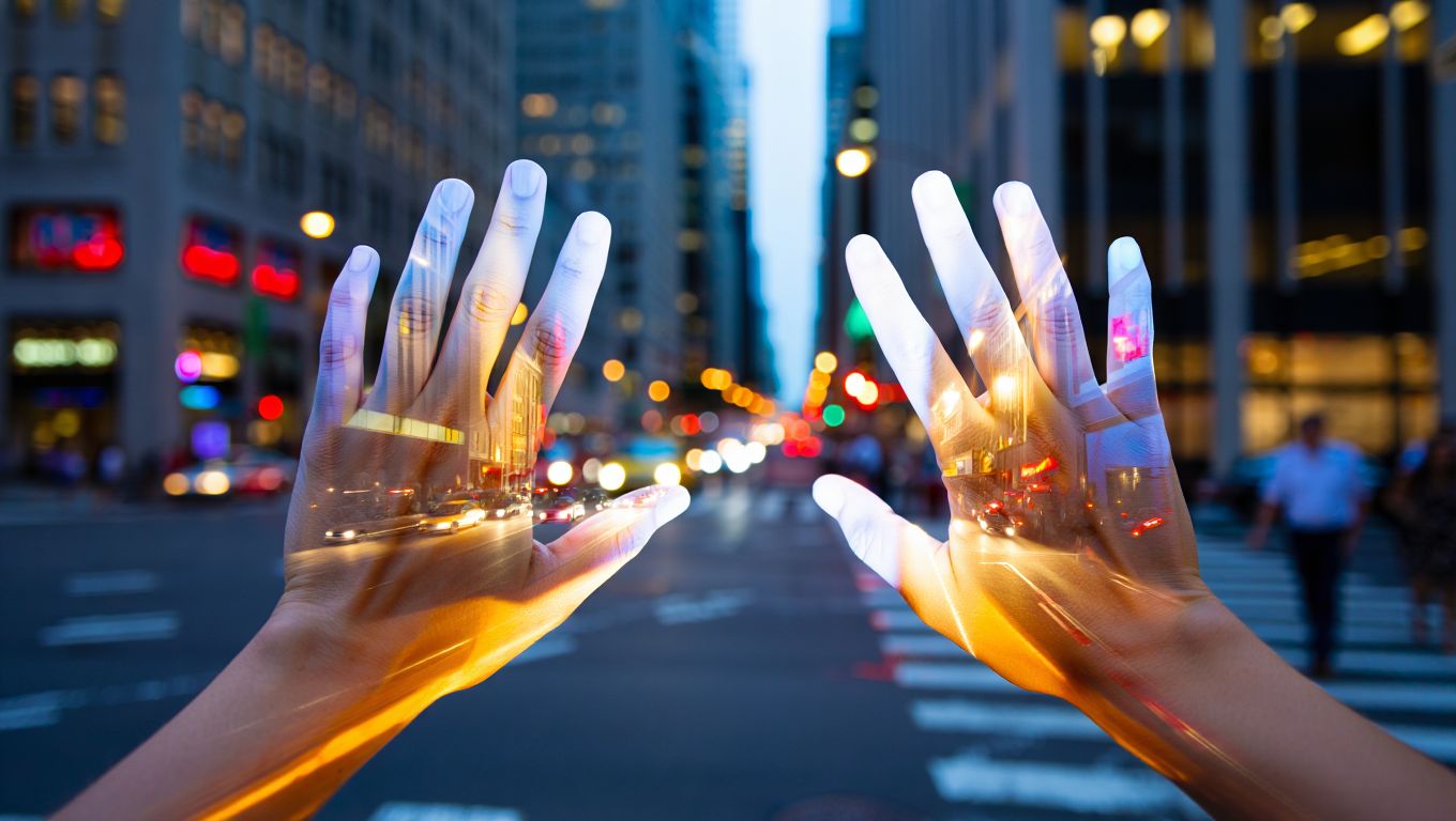 Вид искажающихся рук на фоне города